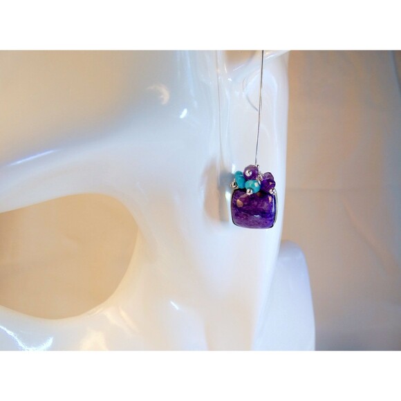 Purple Charoite - Amethyst - Turquoise Beaded Sterling Silver Earrings Handmade - Picture 2 of 6